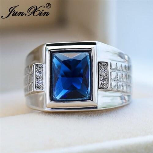 Mens Square Blue Stone Big Geometric Rings For Men Women Silver Color Vintage Wedding Engagement Ring Male Female Jewelry CZ