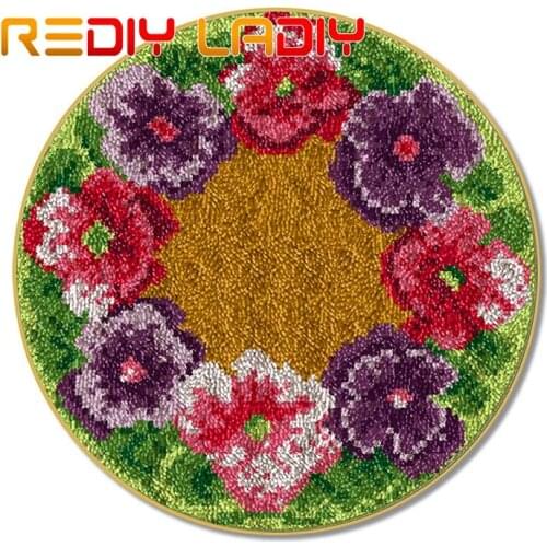 Latch Hook Rug Kits DIY Crocheting Carpet Rug Wreath Flowers Acrylic Yarn Printed Canvas Cushion Mat Crochet Wall Tapestry Craft