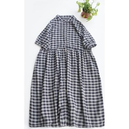 2021 New Summer Japanese Hipster Hollow Embroidered Dress Cotton Short Sleeve Dress Women Plaid Dress Mori GIrl