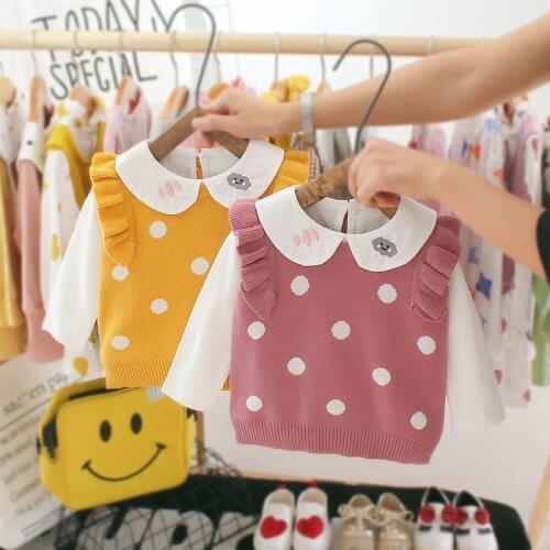 Autumn 2PCS Clothes Set For Baby Girls Infants Kids Children Long Sleeve Tops Shirt+Polka Knitwear Knit Waistcoat Outwear S9660