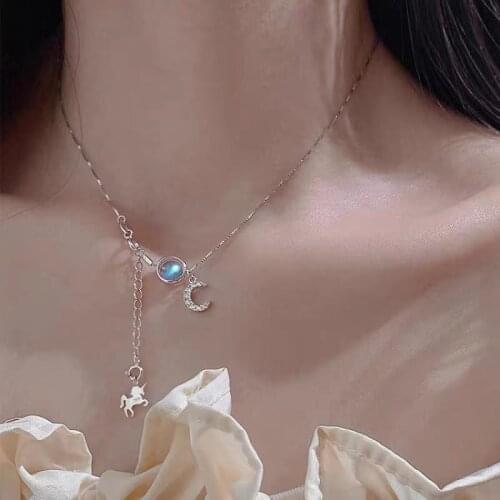 Handmade 100% 925 sterling silver clear cz necklace Moonstone Bead Necklaces Pendants For Women sweet Elegant girls fine Jewelry