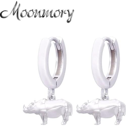 Moonmory 100% 925 Sterling Silver Cute Rhinoceros Pendant Drop Earrings For Women Dangle Animal Hoop Earrings Jewelry Wholesale
