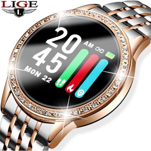 LIGE New Steel Belt Smart Watch Women Heart Rate Blood Pressure Monitoring Multi-Function Mode Waterproof Sport Smartwatch+Box