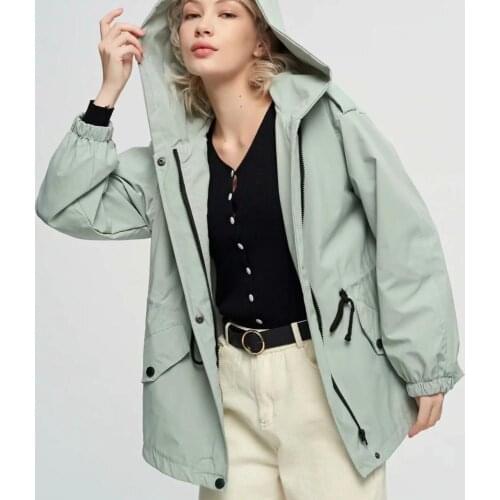 Klacwaya women 2020 fashion elastic waist lace up pockets trench ladies full sleeve hooded slim windbreaker elegant femal