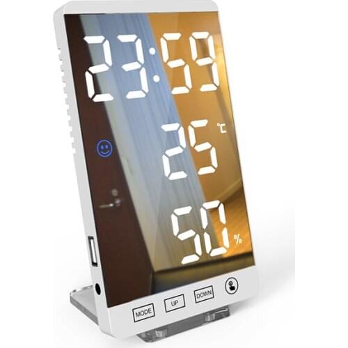 LED Mirror Alarm Clock Touch Button Wall Digital Clock Time Temperature Humidity Display USB Output Port Table Clock