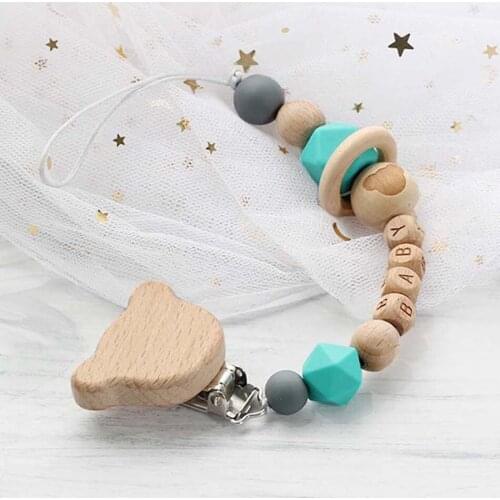 Custom Baby Personalize Name pacifier Clip Silicone Beech Beads Binky Clip Pacifier Chain Chew Baby Teether Toys Nipple Holder
