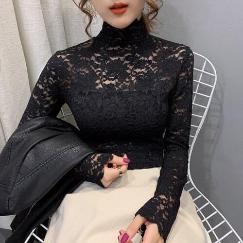 Lace Tshirt Women High Neck Black Long Sleeve T-shirt Slim Popsocket Korean Style T Shirt Vogue Sexy Tshirts Tops Lady Camisetas