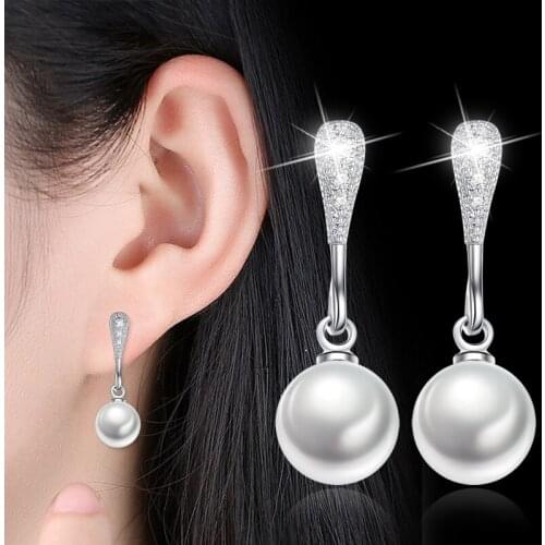 IREACESS Free Shipping new long Pearl earrings for women AAA Zircon Drop earring Silver Color fashion jewelry Gifts