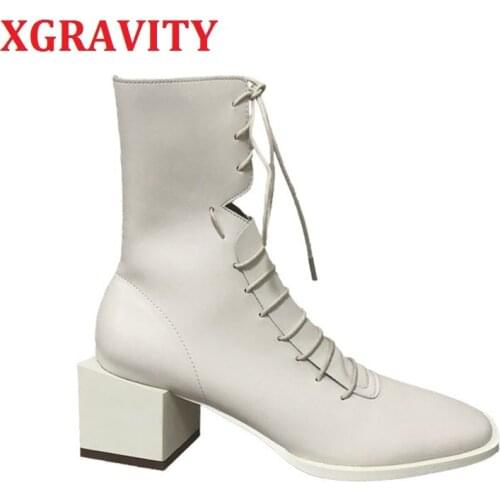 XGRAVITY Pretty Ladies Fashin White Ankle Martin Bots Elegant Chunky Heel Pumps Autumn Women Shoes Hot Female Sexy Boots C064