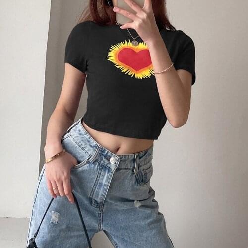 Y2K Chic Heart Tassel Printed Black Crop Top Harajuku Short Sleeve 2021 Summer Basic Tee Casual Cute O Neck Women Short T-shirt
