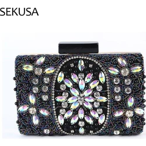 Embroidery Women Evening Bags Black Color Beaded Party Diamonds Day Clutch Handle Party Wedding Brida Purse