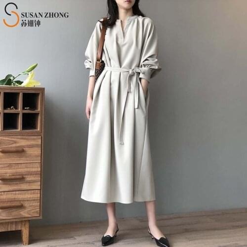 Women Autumn Dress Lantern Long Sleeve Female One-Piece Calf Length V Neck Tunic A Line Loose Belt Button Cuff Minimalist Cozy
