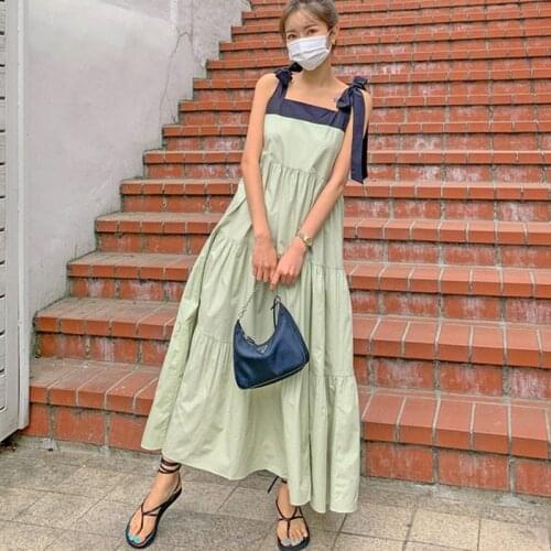 Johnature Summer New Patchwork Spaghetti Strap Dress 2021 Casual Korean Square Collar Sleeveless Loose Women Dresses