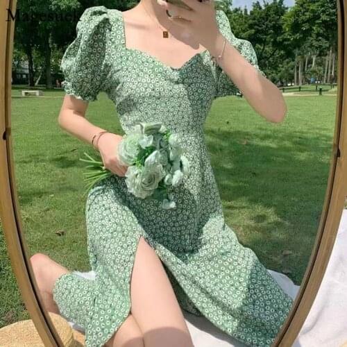 French Elegant Summer Print Floral Dress Women Robes Square Collar Split Sexy Green Dress Woman Short Sleeve Party Dresses 14548