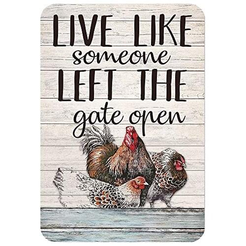 Tin Sign Funny Beautiful Rooster and Hen Live Like Someone Left The Gate Open Suitable for House Kitchen Farm Wall Decoration