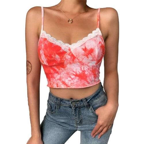 New ladies printed tie-dye sleeveless vest V-neck lace vest strap pullover casual summer backless camisole