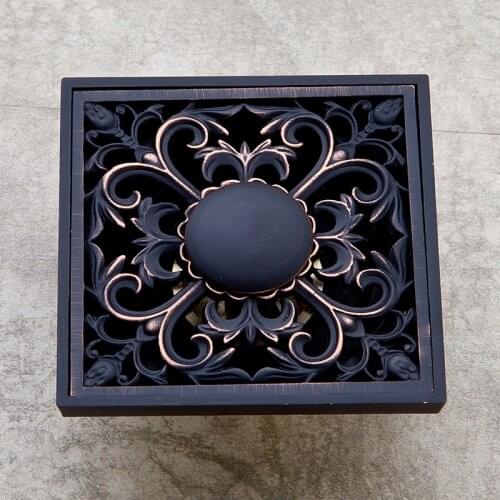 10*10cm Drain Square Black Brass, Shower Drain Strainer Floor Cover Art Carved Balcony Bathroom Bath Accessories Grate Waste