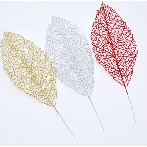 15PCS 30CM For christmas decoration artificial plastic leaf Xmas leaves gold dust powder silver red