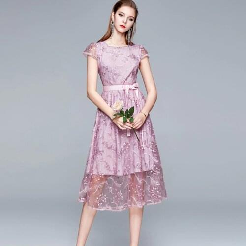 2021 Summer Sweet Pink Lace Embroidery Party Dresses Vestidos Feminino Vintage Elegant Lace Up Slim Waist A-Line Dress