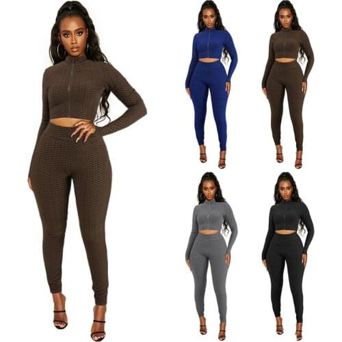 2021 winter European and American womens fashion casual solid color pineapple grid sports suit women