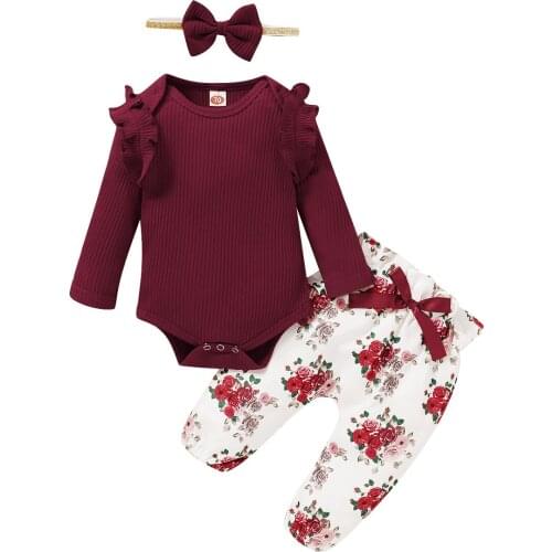 Newborn Girls Clothes Baby Girl Sets Red Ruffles Long Sleeve Romper Floral Print Pants Headband Set 3Pcs Cotton Infant Outfits