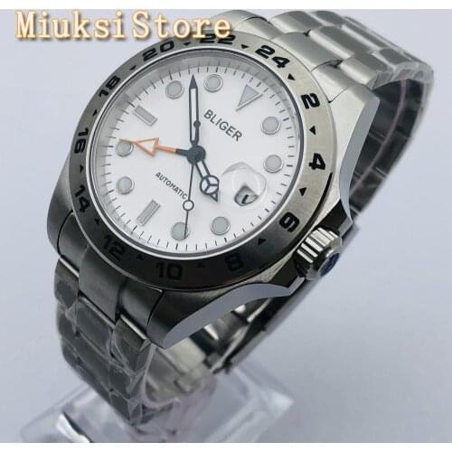 BLIGER 43mm Mens Large Size Top GMT Mechanical Watch Sapphire Glass White Dial Date DG 3804 Automatic Movement Watch