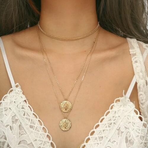 Boho Gold Color Chain Jewelry Gothic Round Pendant Multilayer Choker Necklaces Vintage Collar Mujer Statement Necklace