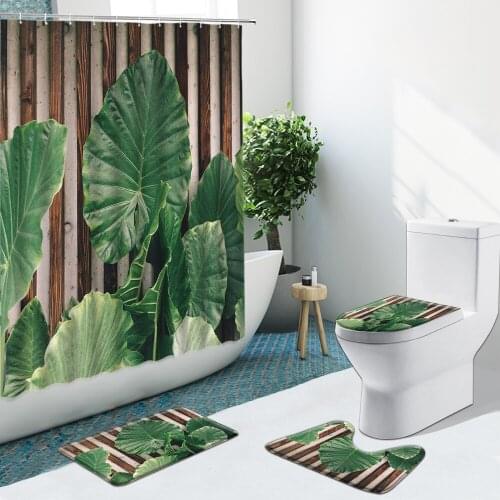 Wood Plank Palm Leaf Flower Sunflower Bathroom Set Shower Curtain Non-Slip Rugs Flannel Carpet Toilet Cover With Hooks Bath Mat