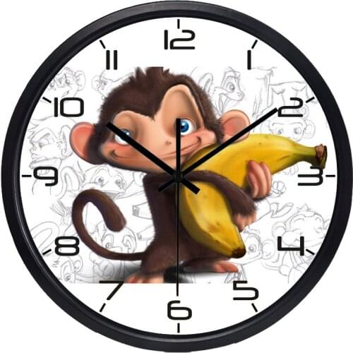 Children Room Bedroom,Living Room Silent Glass Clock Cartoon Monkey Holding A Banana Wall Clock Home Decor