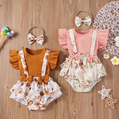 3 Colors Toddler Baby Girls Summer Clothes Sets 3pcs Flower Printing Flying Sleeve Tops + Suspender Shorts + Headband Set