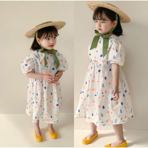 2021 Summer Girls' Dress Geometric Pattern Puff Sleeve Sweet Princess Dress Cute ChildrenS Baby Kids Clothing For Girls