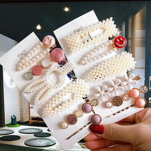 Women Hairpins Set Fashion Simulation Pearl Acrylic Barrettes Korean Geometric Flower Smiley Hair Accessories For Girls Jewelry