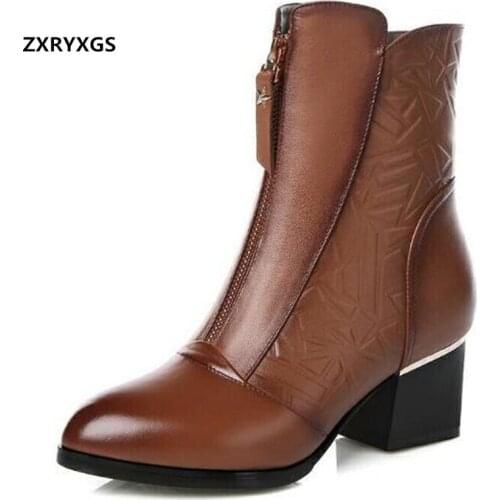 2020 New Fashion Pointed Autumn Boots Womens Shoes Thick Heel Non-slip Genuine Leather Boots Warm Shoes Warm Womens Boots
