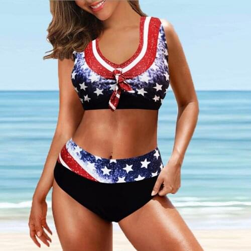New Swimsuit Womens Independence Day Flag Swim Wading Sports Split Swimwear Plus Size Two Pieces Bikinis 2021 Mujer Biquinis