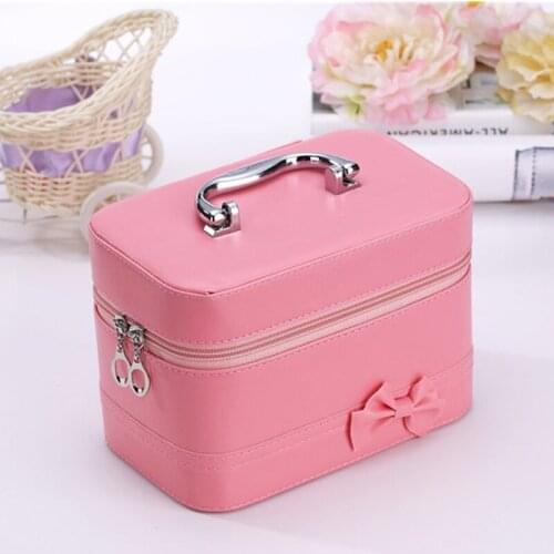 Portable Cosmetic Case Zipper Storage Bag Bow Jewelry Storage Box Desktop With Mirror Makeup Box Woman Travel Cosmetic Organizer
