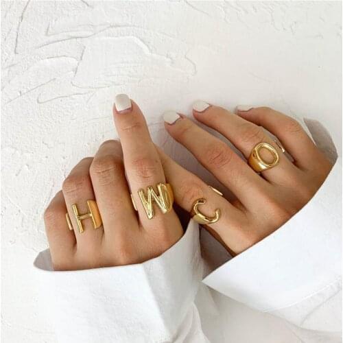 New Simple Design Geometric Hollow Letter Gold Metal Adjustable Opening Ring for Women Men Girls Party Retro Jewelry Gift 27