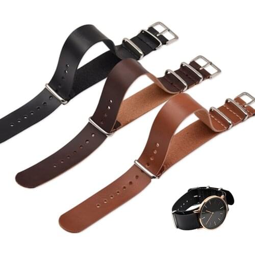 18mm 20mm 22mm 24mm NATO ZULU Leather Watchband Men Women Silver Ring Buckle Bracelet Watch Strap Band Accessories Black Brown