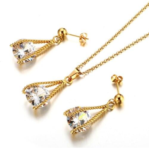 Luxury Bridal Crystal Jewelry Sets Big Stone Pendant Necklace Charm Earrings Jewelry Set For Woman Wedding Jewelry Gift