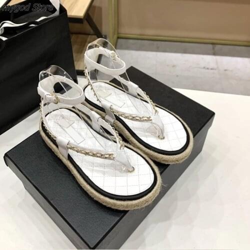 2021 New Designer Brand Ladies Hemp Rope Braided Sandals Chain Leather Summer Shoes Ankle Straps Beach Breathable Comfortable