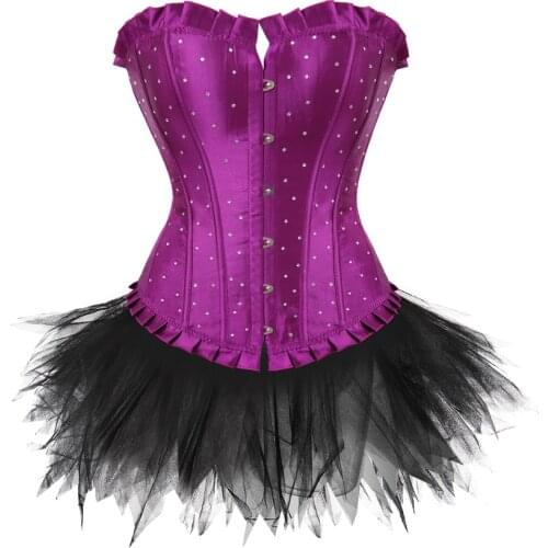 Sexy Rhinestones Brocade Frill Corset Skirt Set Women Fashion Party Corset Bustier Lingerie Top With Mesh Tulle Mini Tutu Skirt