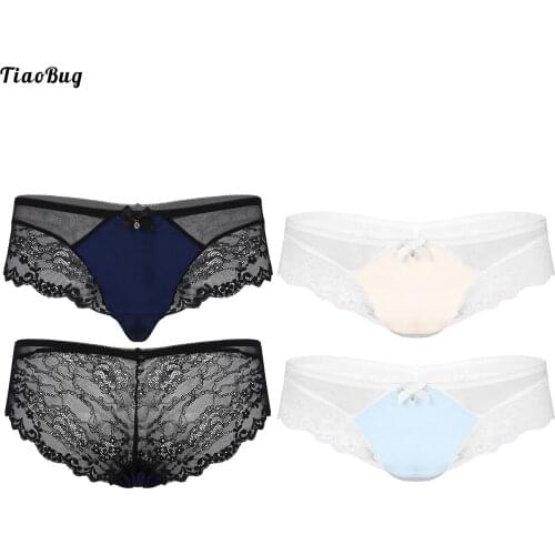 TiaoBug Men Sissy Gay See-Through Lace Briefs Patchwork Bowknot Adorned Beautiful Underwear Panties Nightwear
