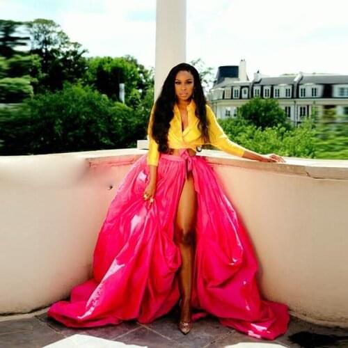 Gorgeous Puffy Long Satin Skirts Women Sexy High Side Split Maxi Skirt Free Size Female Over Wrap Skirt With Sash