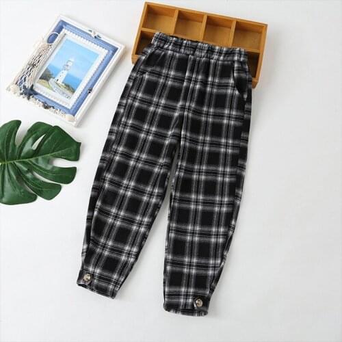 Spring & Autumn Girls' Korean Loose Black Check Harun Casual Woven Trend Pants Fall Clothes for Kids Fashion 7-12y 2021 New
