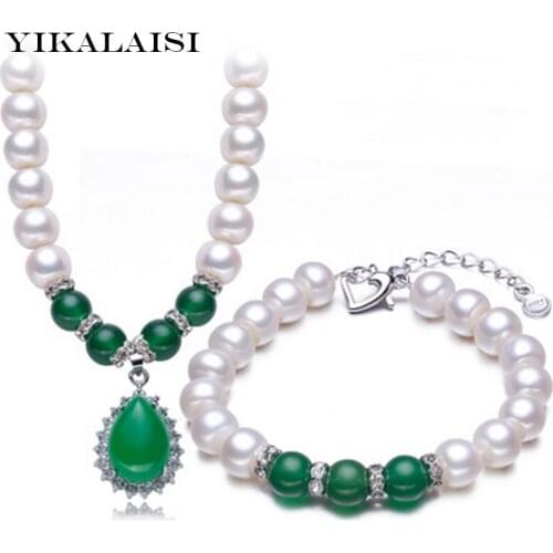YIKALAISI 925 sterling silver Jewelry White 100% Natural Freshwater pearl Jewelry Sets Necklace Bracelet Sets for women