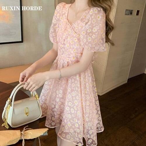 Square Neck Bowknot Puff Sleeve Fashion 2021 Summer Ladies Sweet Country Style High Waist Flower Temperament Pink A-Line Skirt