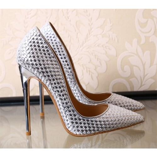 2017 newest knitted leather women pumps shiny high heels 10cm 8cm party shoes gold silver black wedding stilettos tenis feminino