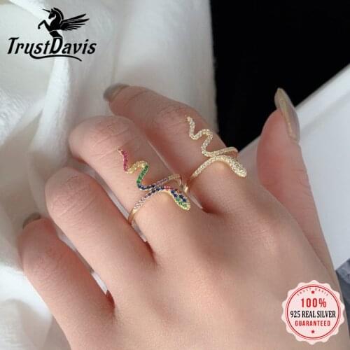 TrustDavis New 925 Sterling Silver Fashion Sweet Snake Dazzling Zircon Opening Rings For Women Wedding Party Fine Jewelry DA2434