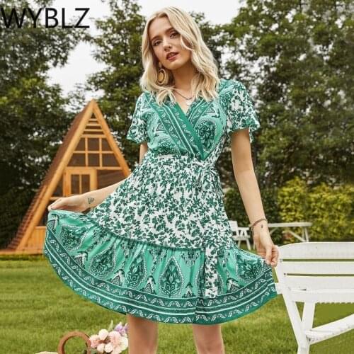 WYBLZ New Casual Womens Dresses Clothing Able Summer Dress Summer New Printed Floral V-neck Elastic Waist Holiday Casual Dress