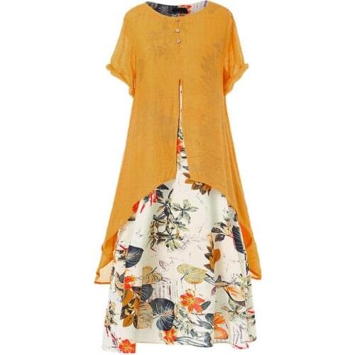 Women Dress Floral Print Breathable Linen Blend Pacthwork Long Dress for Holiday