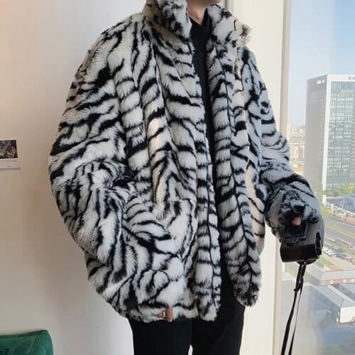 Winter Men Faux Fur Fashion Casual Tiger Pattern Coat Male Loose Warm Coat Streetwear Thicken Outwear Oversize Top 120903